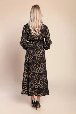 Abito lungo con stampa leopardata, verde oliva