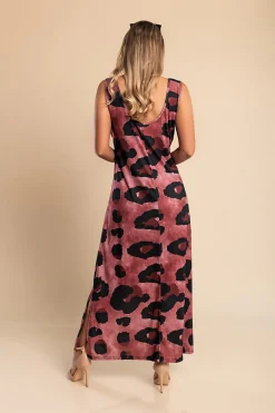 Abito lungo con stampa leopardata, bordeaux