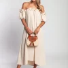 Abito lungo con volant, beige