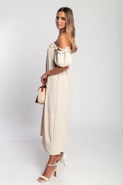Abito lungo con volant, beige