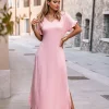Abito lungo dal taglio ampio con scollo a "V", maniche corte con volant e spacchi Mandelina, rosa