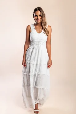 Abito lungo in cotone con pizzo, bianco