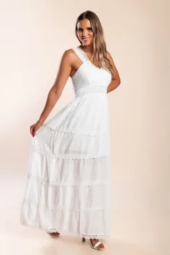 Abito lungo in cotone con pizzo, bianco