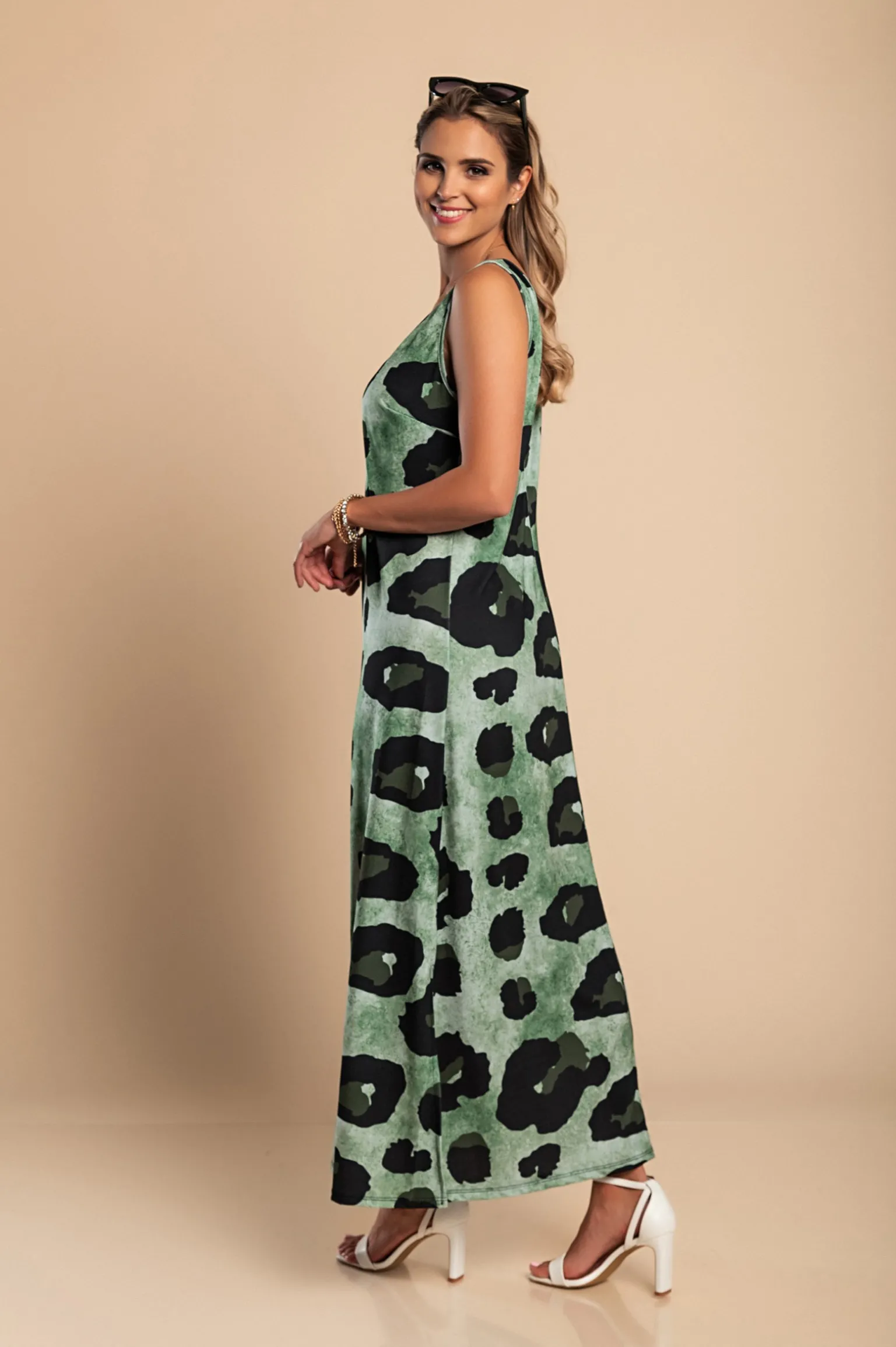 Abito lungo leopardato, verde