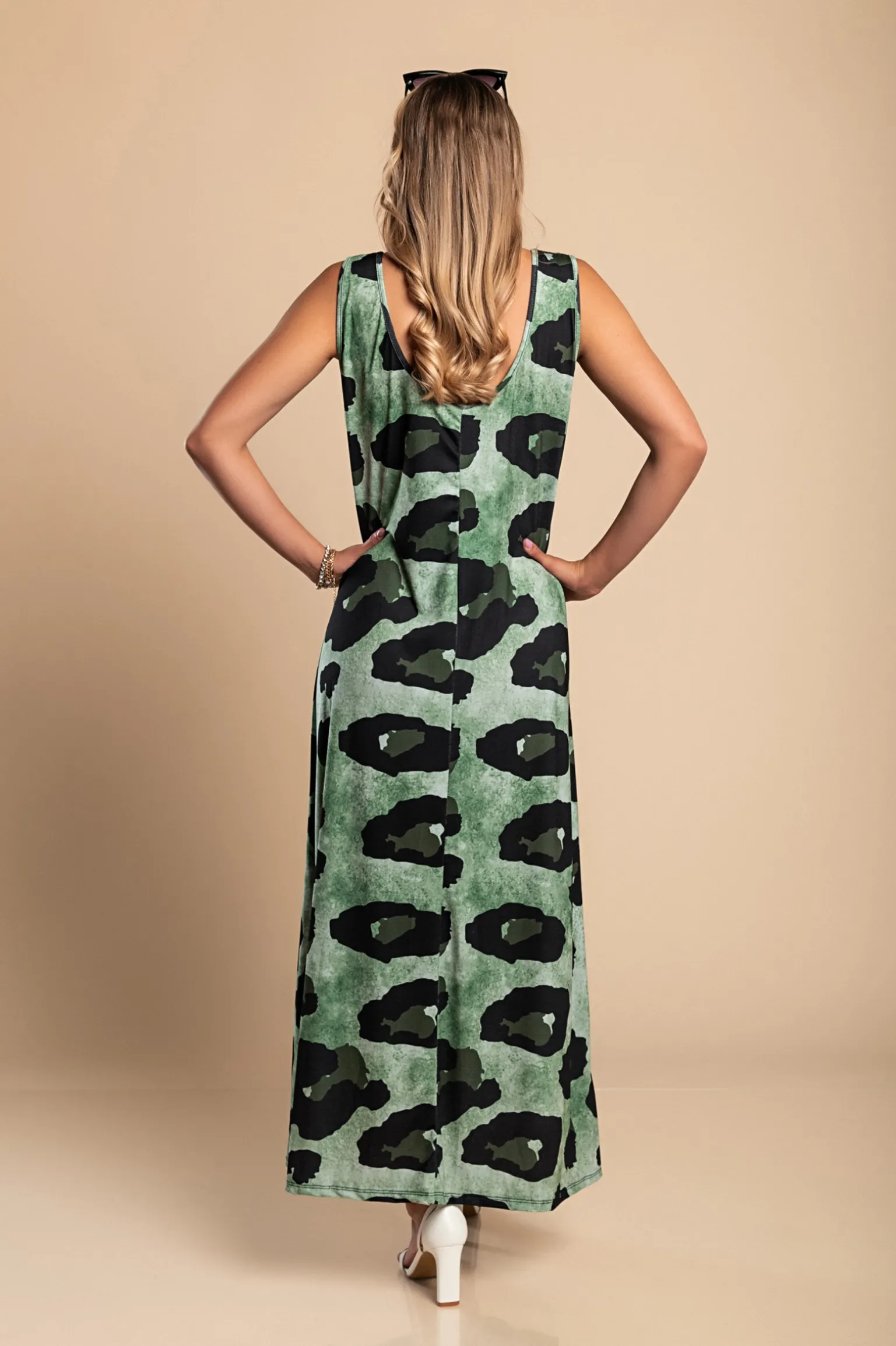 Abito lungo leopardato, verde