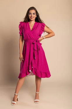 Abito midi a pois con dettagli arricciati, fucsia