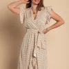 Abito midi a pois con dettagli arricciati, beige