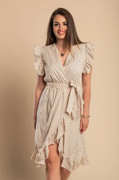 Abito midi a pois con dettagli arricciati, beige