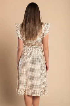 Abito midi a pois con dettagli arricciati, beige