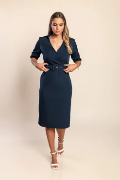 Abito midi con cintura, blu scuro