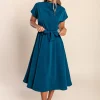 Abito midi con cintura, colore petrolio