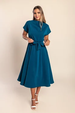 Abito midi con cintura, colore petrolio