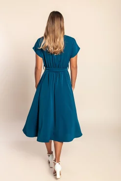 Abito midi con cintura, colore petrolio