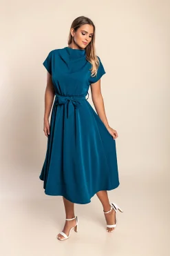 Abito midi con cintura, colore petrolio