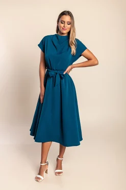 Abito midi con cintura, colore petrolio