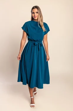 Abito midi con cintura, colore petrolio