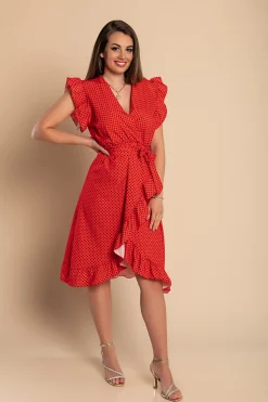 Abito midi con fantasia a pois, rosso