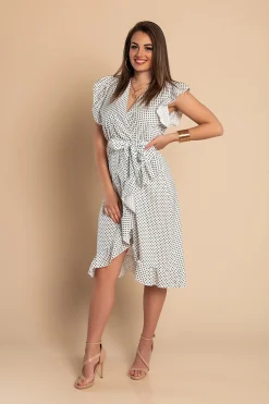 Abito midi con stampa a pois, bianco