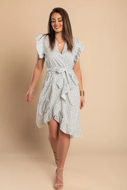 Abito midi con stampa a pois, bianco