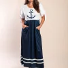 Abito midi con stampa ancora, bianco/blu navy