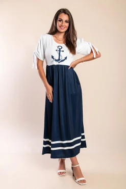 Abito midi con stampa ancora, bianco/blu navy