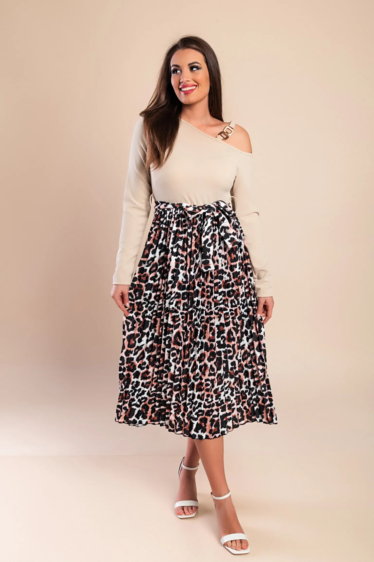 Abito midi con stampa leopardata, beige
