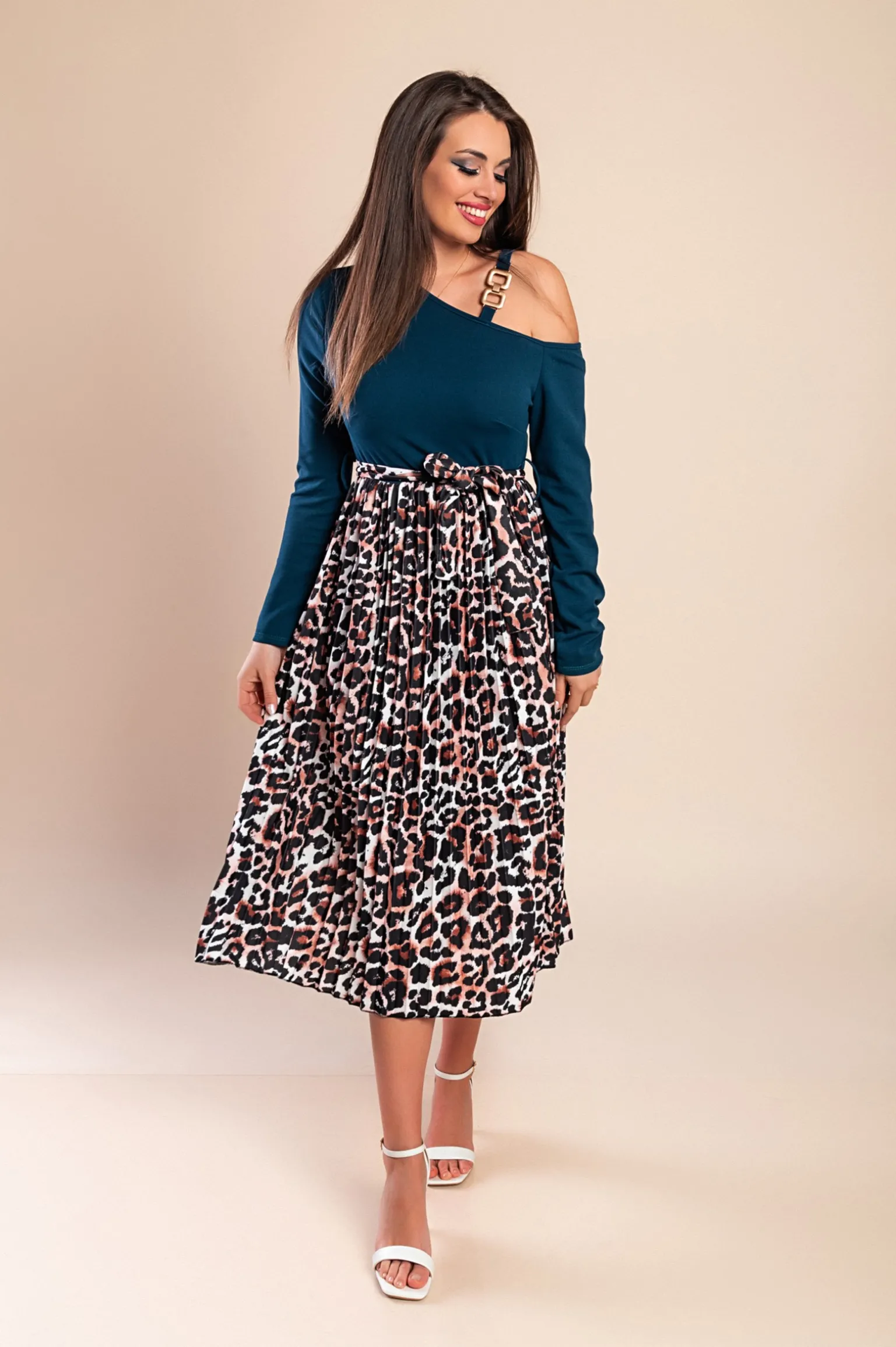Abito midi con stampa leopardata, Petrolio