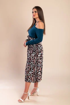 Abito midi con stampa leopardata, Petrolio