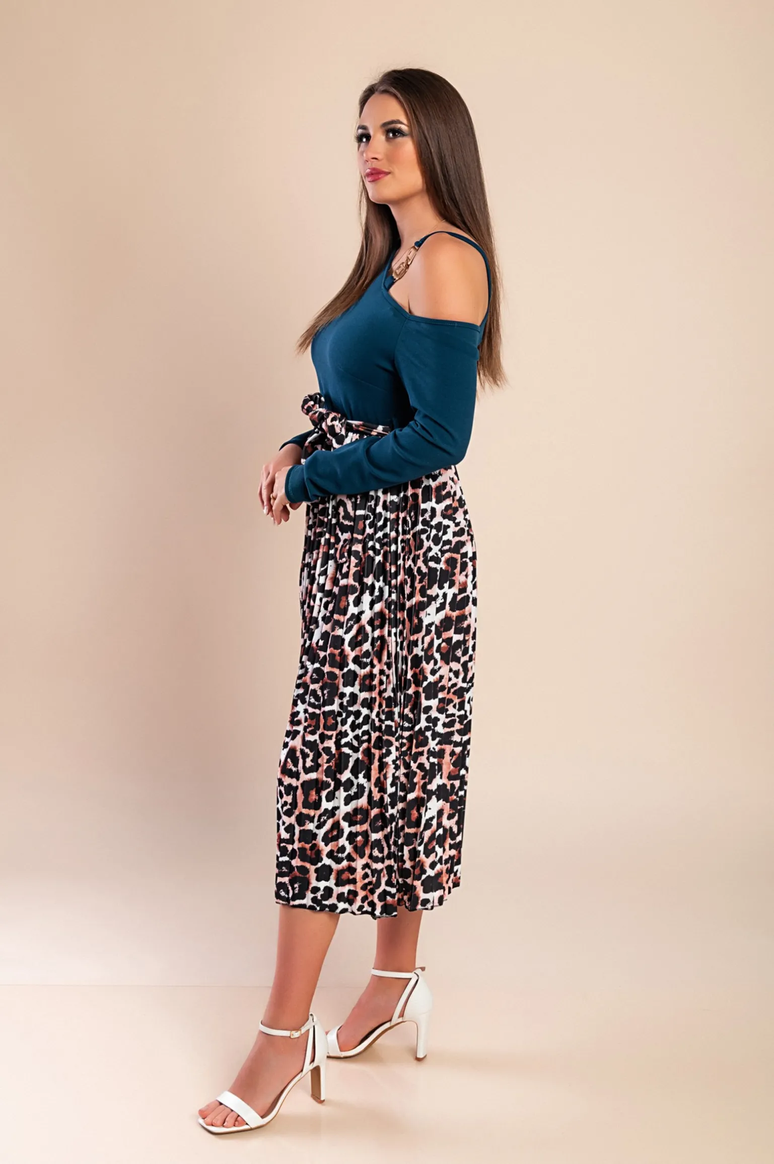 Abito midi con stampa leopardata, Petrolio