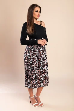 Abito midi con stampa leopardata, nero