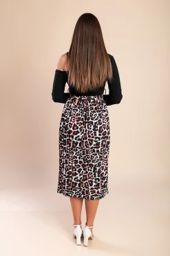 Abito midi con stampa leopardata, nero