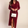 Abito midi elegante Brynlee bordeaux con maniche a 3/4 e volant