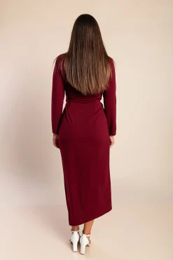Abito midi elegante Brynlee bordeaux con maniche a 3/4 e volant
