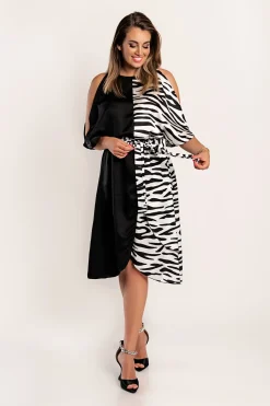 Abito midi elegante con cut-out e stampa Lotera, nero