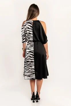 Abito midi elegante con cut-out e stampa Lotera, nero