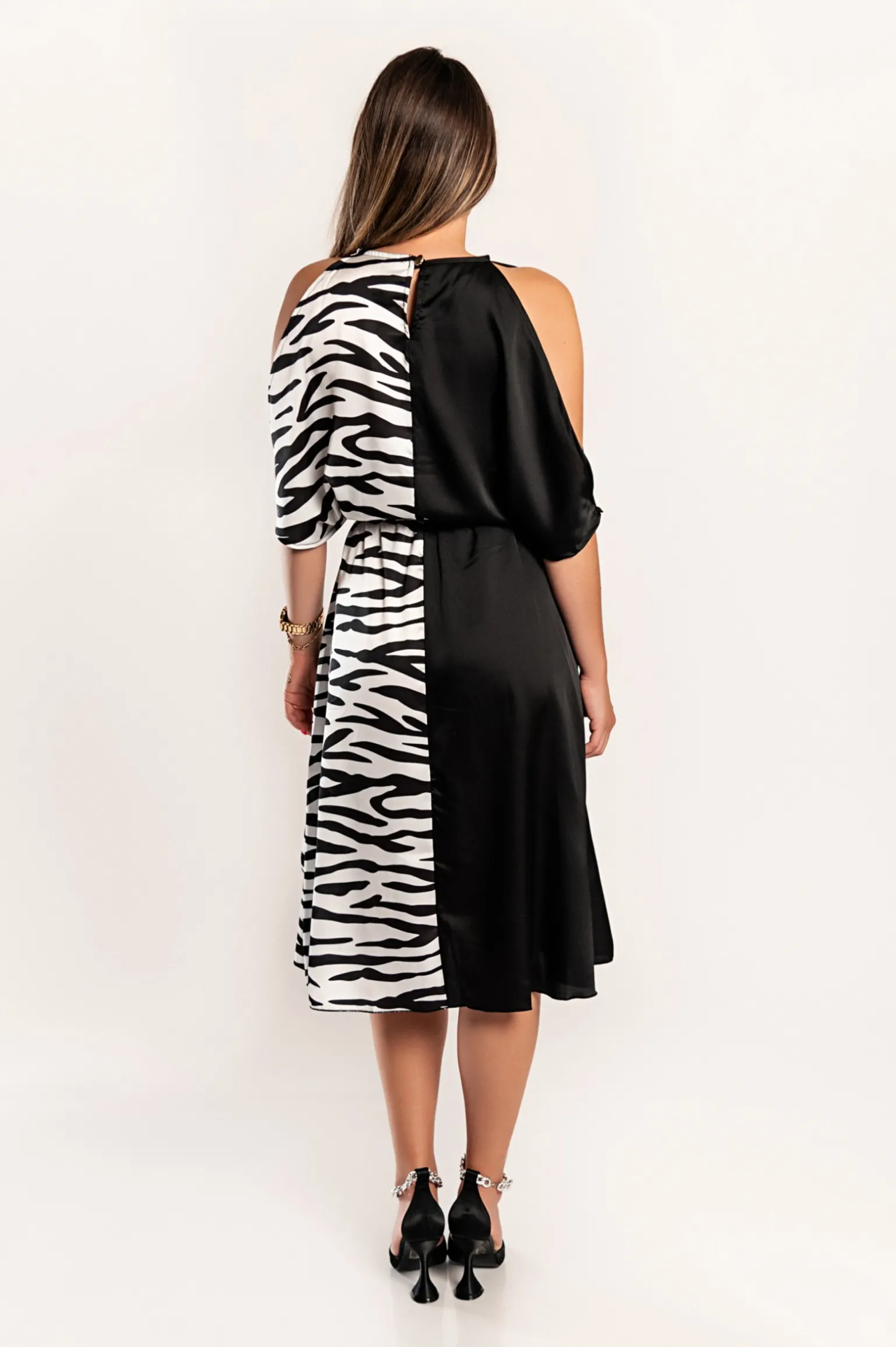 Abito midi elegante con cut-out e stampa Lotera, nero