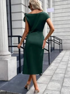 Abito midi elegante con dettagli arricciati, verde