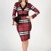 Abito midi elegante con stampa a quadri e scollo a "V" Sombra, bordeaux
