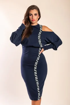 Abito midi elegante con stampa geometrica, blu