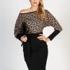 Abito midi elegante con scollo a barca e stampa geometrica Serenna, nero