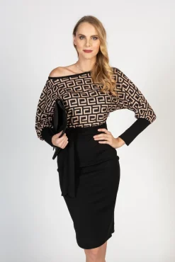 Abito midi elegante con scollo a barca e stampa geometrica Serenna, nero