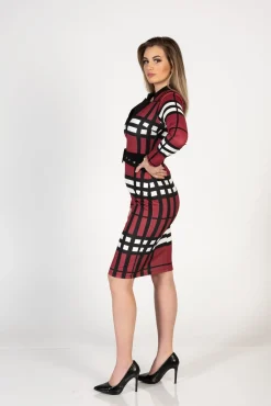 Abito midi elegante con stampa a quadri e scollo a "V" Sombra, bordeaux