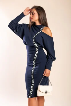 Abito midi elegante con stampa geometrica, blu