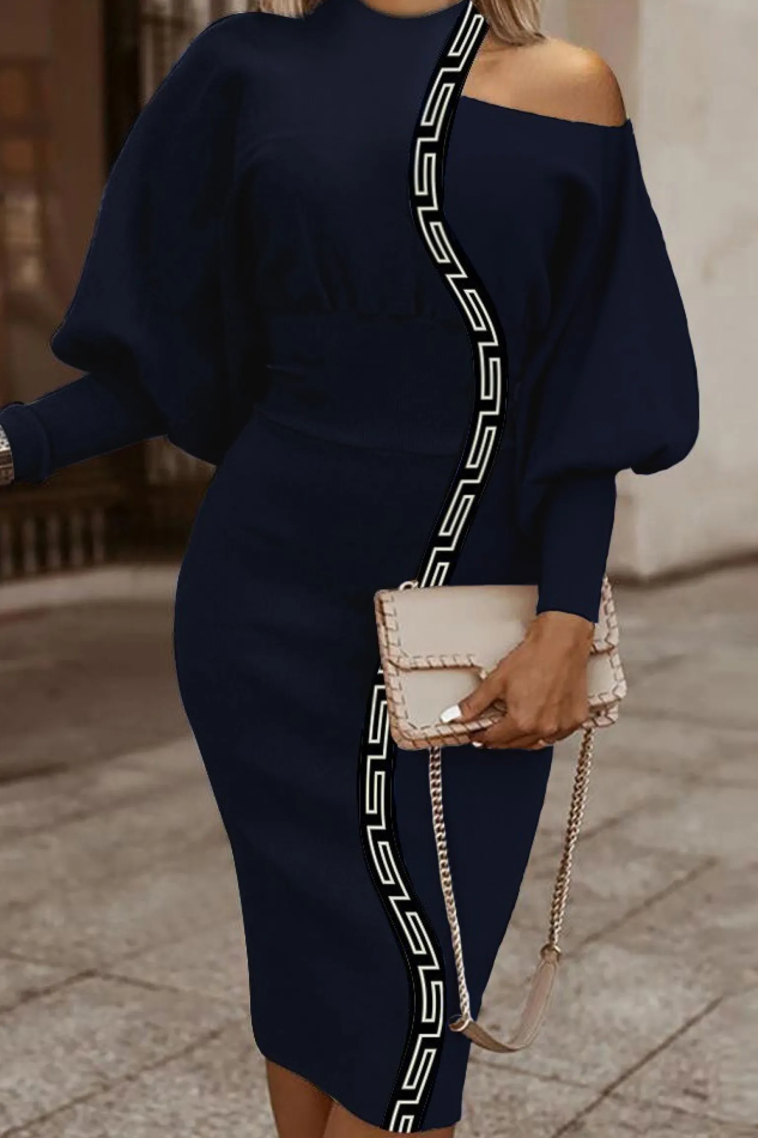 Abito midi elegante con stampa geometrica, blu