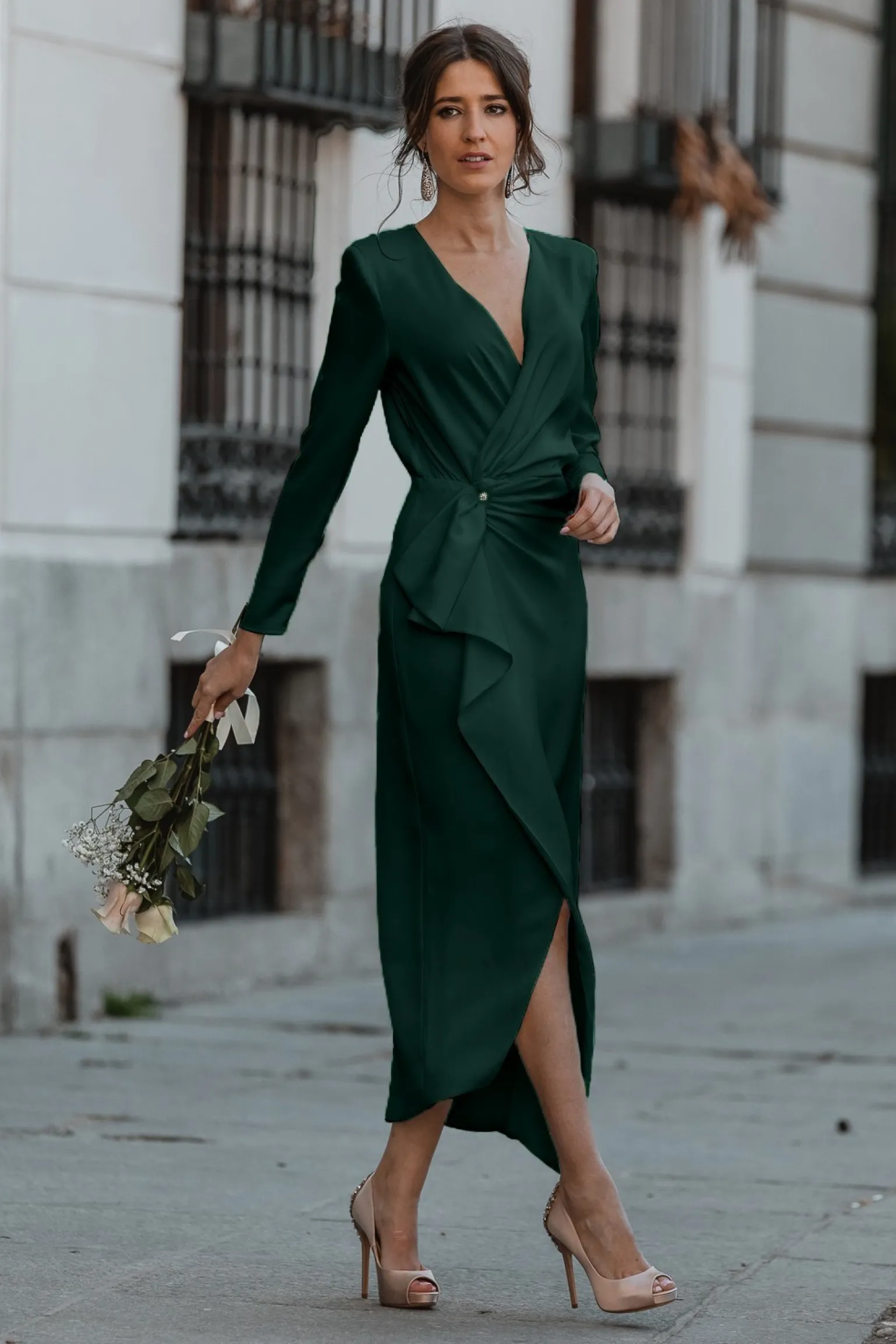 Abito midi elegante con volant e maniche a 3/4 Brynlee, verde scuro