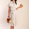 Abito midi in lino con bottoni, beige