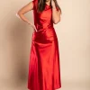 Abito midi in simil raso, rosso