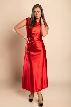 Abito midi in simil raso, rosso