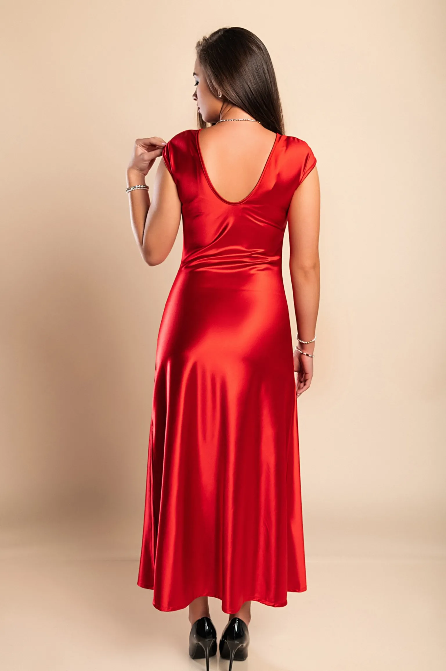 Abito midi in simil raso, rosso
