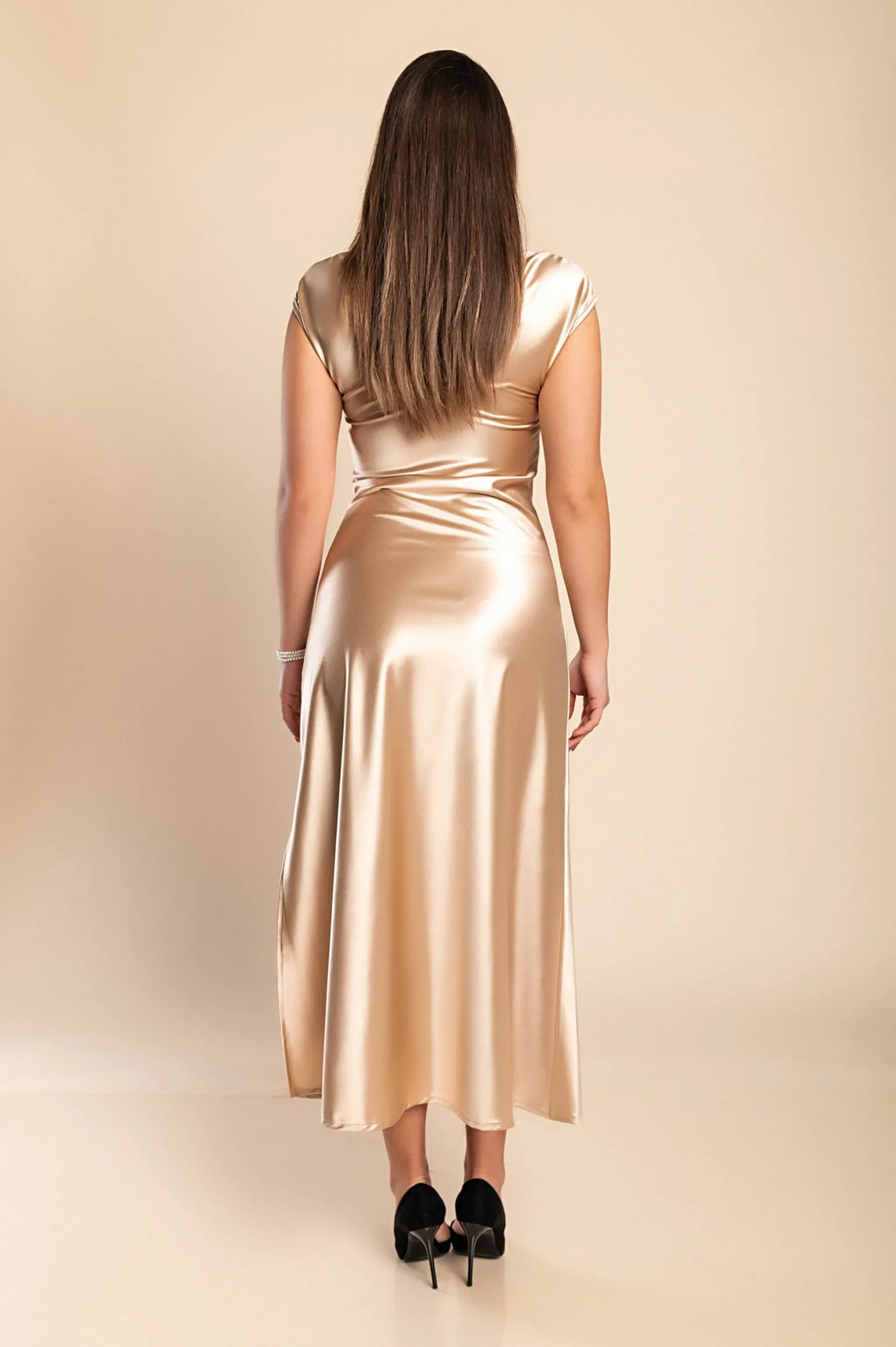 Abito midi in simil raso, beige